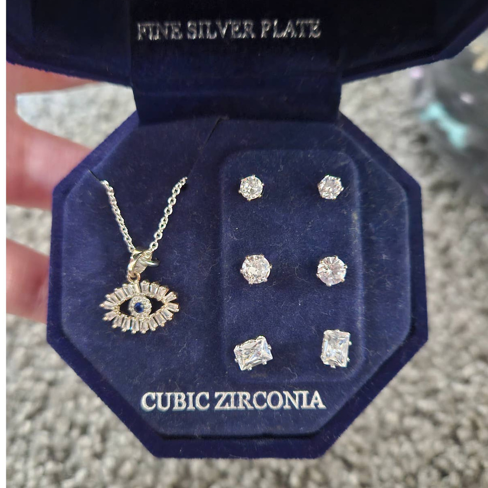 MACY'S Silver Plate Cubic Zirconia Evil Eye Necklace & 3PC Stud Earrings Set